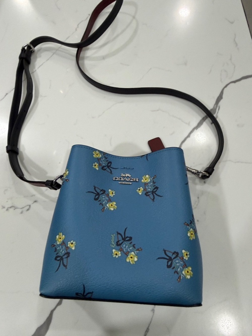 Coach Blue Floral Leather Crossbody with Black Strap